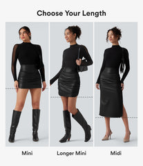 High Waisted Tummy Control Ruched Curved Hem 2-in-1 Fleece PU Midi Casual Skirt