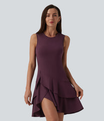 SoftlyZero™ Airy Round Neck Sleeveless Layered Ruffle Hem InstantCool Mini Casual Dress