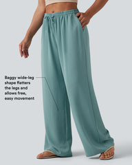 Mid Rise Drawstring Wide Leg Baggy Casual Linen-Feel Pants with Pockets