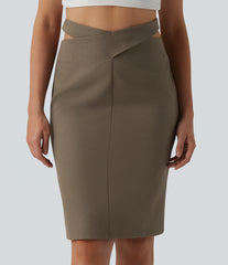 High Waisted Tie Back Knee Length Casual Linen-Blend Pencil Skirt