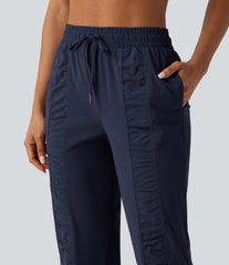 High Waisted Drawstring Ruched Tapered Quick Dry InstantCool Running Joggers with Pockets-UPF40+