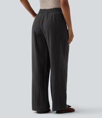 Adjustable High Waisted Linen Work Baggy Pants with Pockets