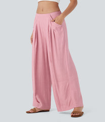Mid Rise Pocket Wide Leg Casual Pants