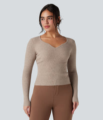 Ribbed Knit Sweetheart Neck Long Sleeve Work Sweater
