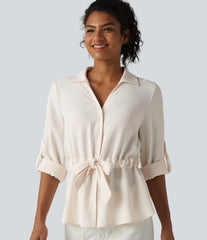 Lapel Roll Up Sleeve Tie Work Linen-Feel Shirt