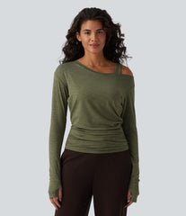 One-Shoulder Long Sleeve Ruched Built-in Bra Casual Heathered Top