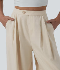 High Waisted Pleated Wide Leg Baggy Draped Flowy Linen Casual Pants with Pockets