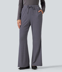 Ribbed Knit Stripes Mid Rise Drawstring Casual Bootcut Pants with Pockets