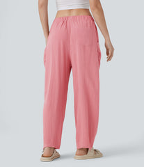 High Waisted Pocket Barrel Leg Casual Linen-Feel Pants