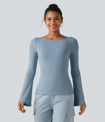 Ribbed Knit Boat Neck Bell Long Sleeve Casual Top