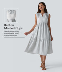 V Neck Built-in Bra Sleeveless Stripe Midi Dress