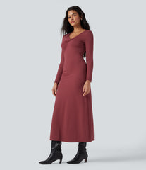 V Neck Long Sleeve Maxi Casual Dress