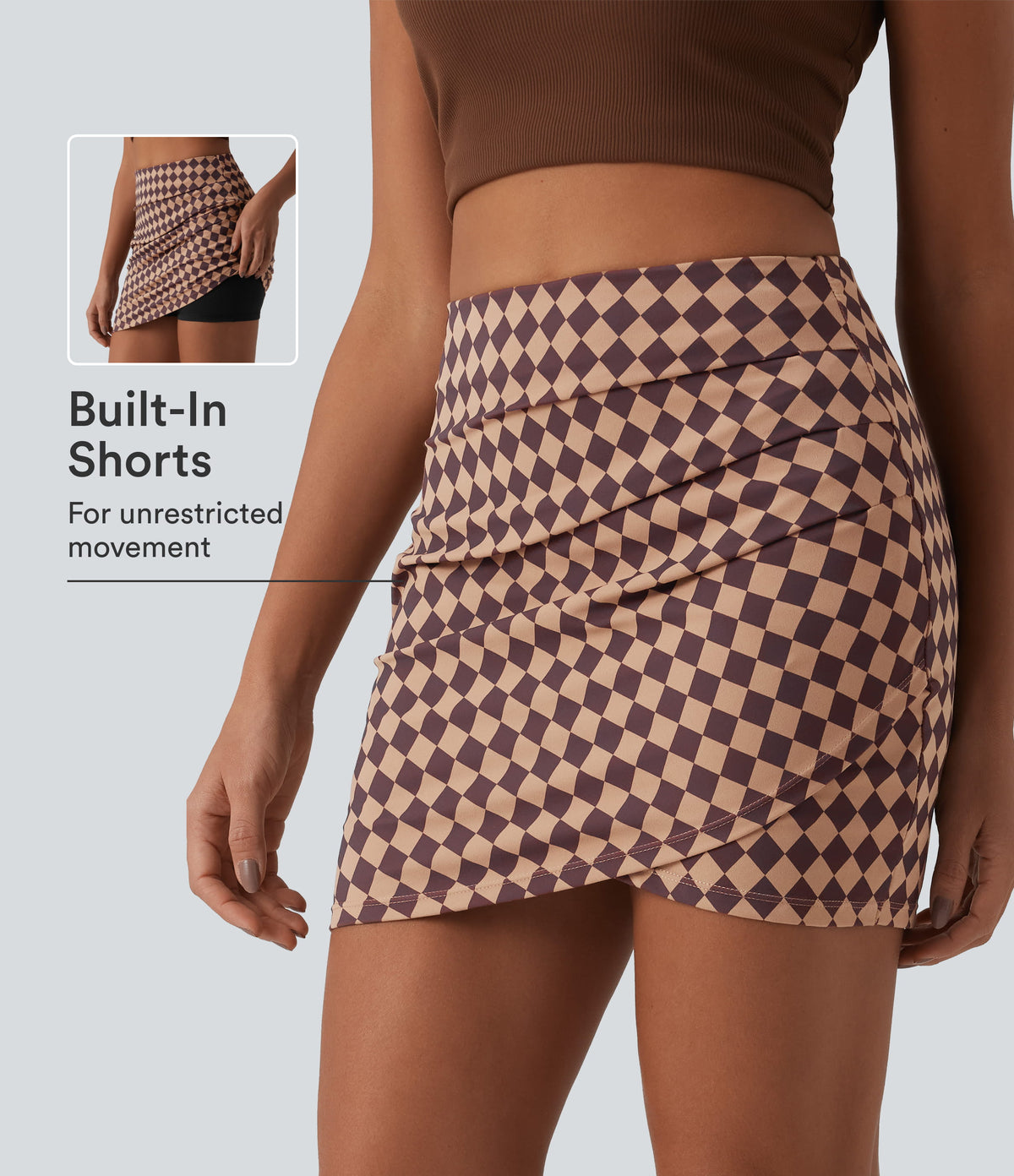 Halara UltraSculpt™ Check Print High Waisted Crossover Hem 2-in-1 Bodycon Mini Casual Skirt