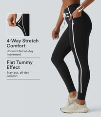 High Waisted Drawstring Tummy Control Color Block Stripe 7/8 Yoga Leggings with Pockets