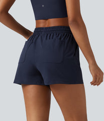 High Waisted Drawstring Stretchy Poplin Workout Baggy Shorts with Pockets