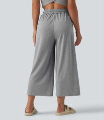High Waisted Drawstring Wide Leg Cropped Casual Pants with Pockets