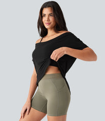 One Shoulder Short Sleeve Curved Hem High Low Built-in Bra Quick Dry Yoga Sports Top