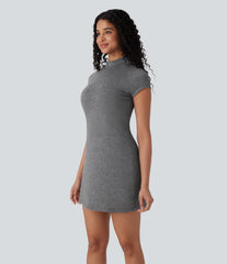 Stand Collar Cap Sleeve Slim Mini Casual Dress