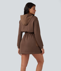 SpacerTek™ Hooded Drawstring Long Sleeve Mini Hiking Active Dress with Pockets