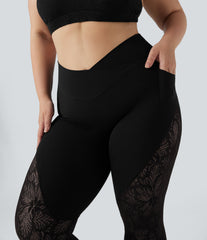 SoftlyZero™ High Waisted Crossover Contrast Lace 7/8 Yoga Plus Size Leggings with Pockets-UPF50+