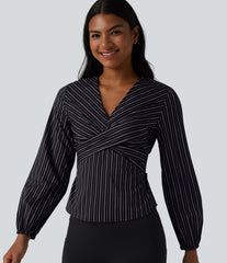 V Neck Long Sleeve Tie Back Stripe Work Blouse