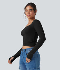 Halara HeatCore U-Neck Long Sleeve Thumb Holes Ruched Slim Casual Warming Top