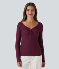 Ribbed Henley Neck Long Sleeve Casual Top