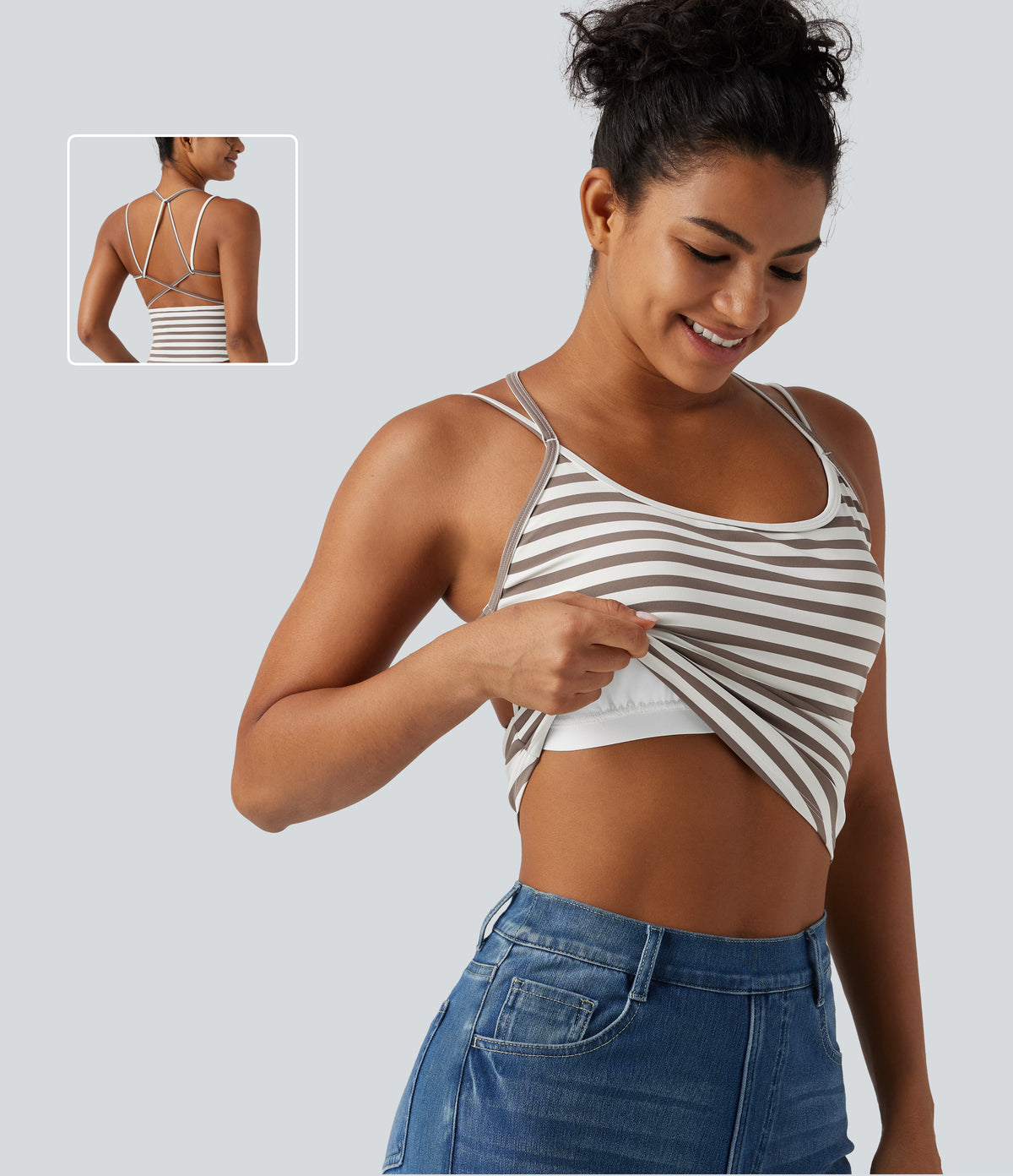 U Neck Built-in Bra Stripe Casual Tank Top