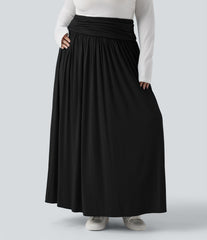 High Waisted Ruched Flowy Maxi Casual Plus Size Skirt