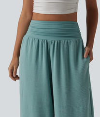 High Waisted Ruched Tummy Control Linen-Feel Casual Baggy Pants with Pockets