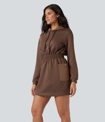 SpacerTek™ Hooded Drawstring Long Sleeve Mini Hiking Active Dress with Pockets