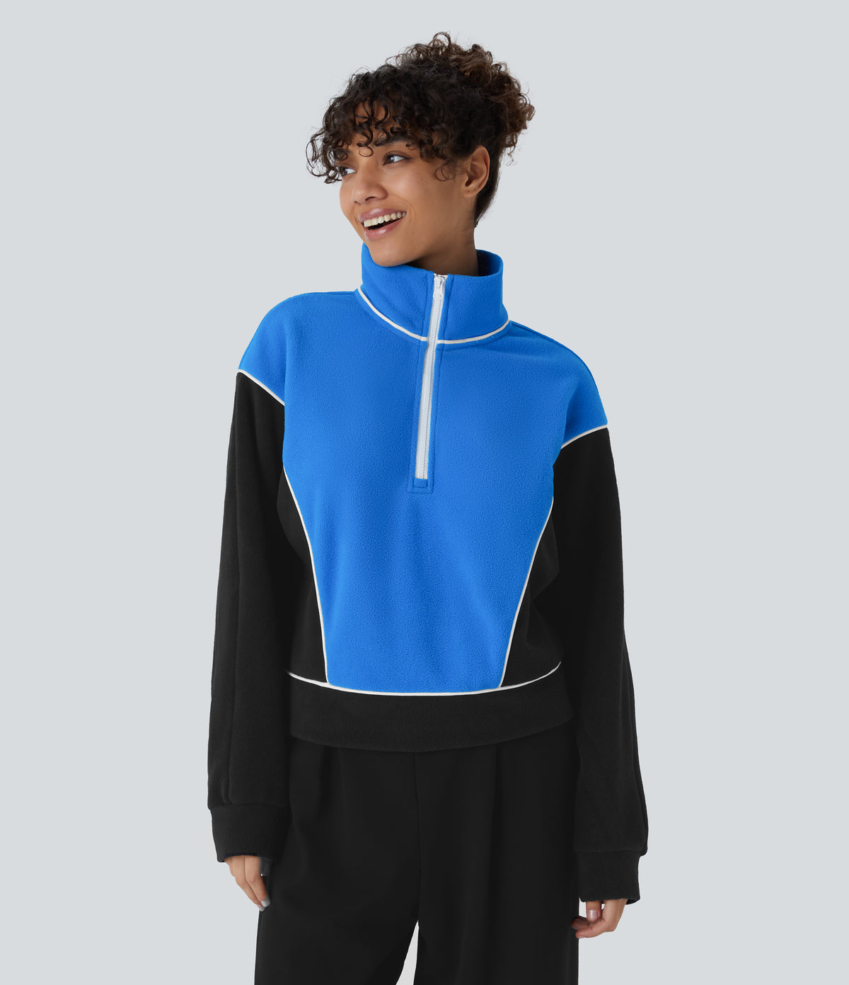 Stand Collar Half Zip Long Sleeve Color Block Fleece Casual Sweatshirt