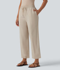High Waisted Drawstring Tapered Draped Linen Casual Pants with Pockets