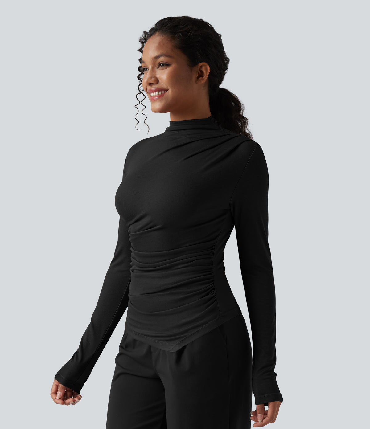 Ribbed Knit Mock-neck Long Sleeve Ruched Asymmetric Hem Casual Top