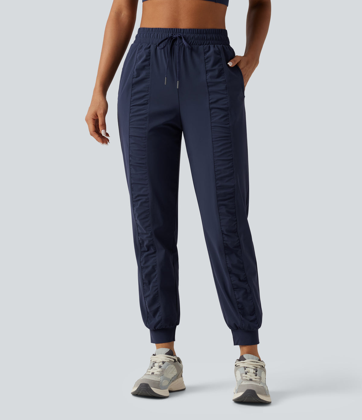High Waisted Drawstring Ruched Tapered Quick Dry InstantCool Running Joggers with Pockets-UPF40+