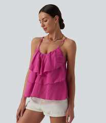 Lace Up Layered Ruffle Hem Cotton Tank Top