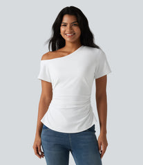 SoftlyZero™ Airy One-Shoulder Ruched Split Built-in Bra InstantCool Casual T-Shirt