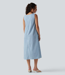 Round Neck Sleeveless Midi Crinkle Gingham Casual Tank Dress with Pockets