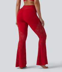 SoftlyZero™ High Waisted Crossover Pocket Contrast Lace Flare Yoga Leggings