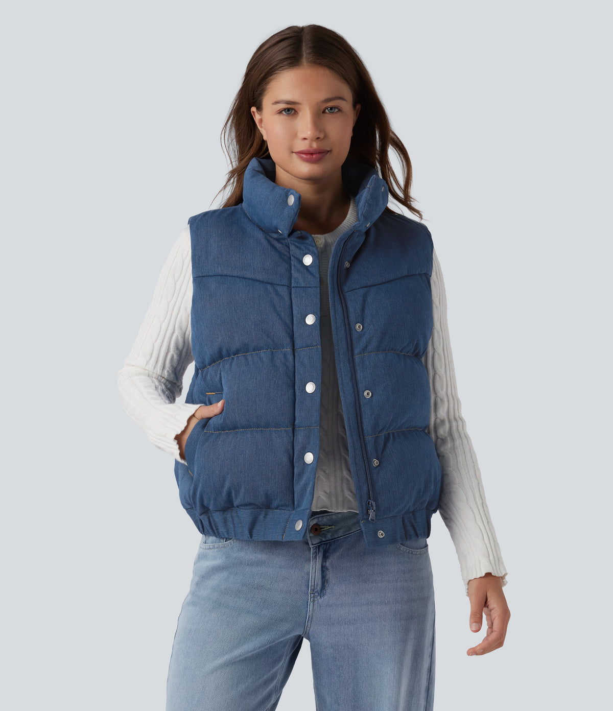 Halara Flex™ Denim Stand Collar Casual Puffer Vest with Pockets