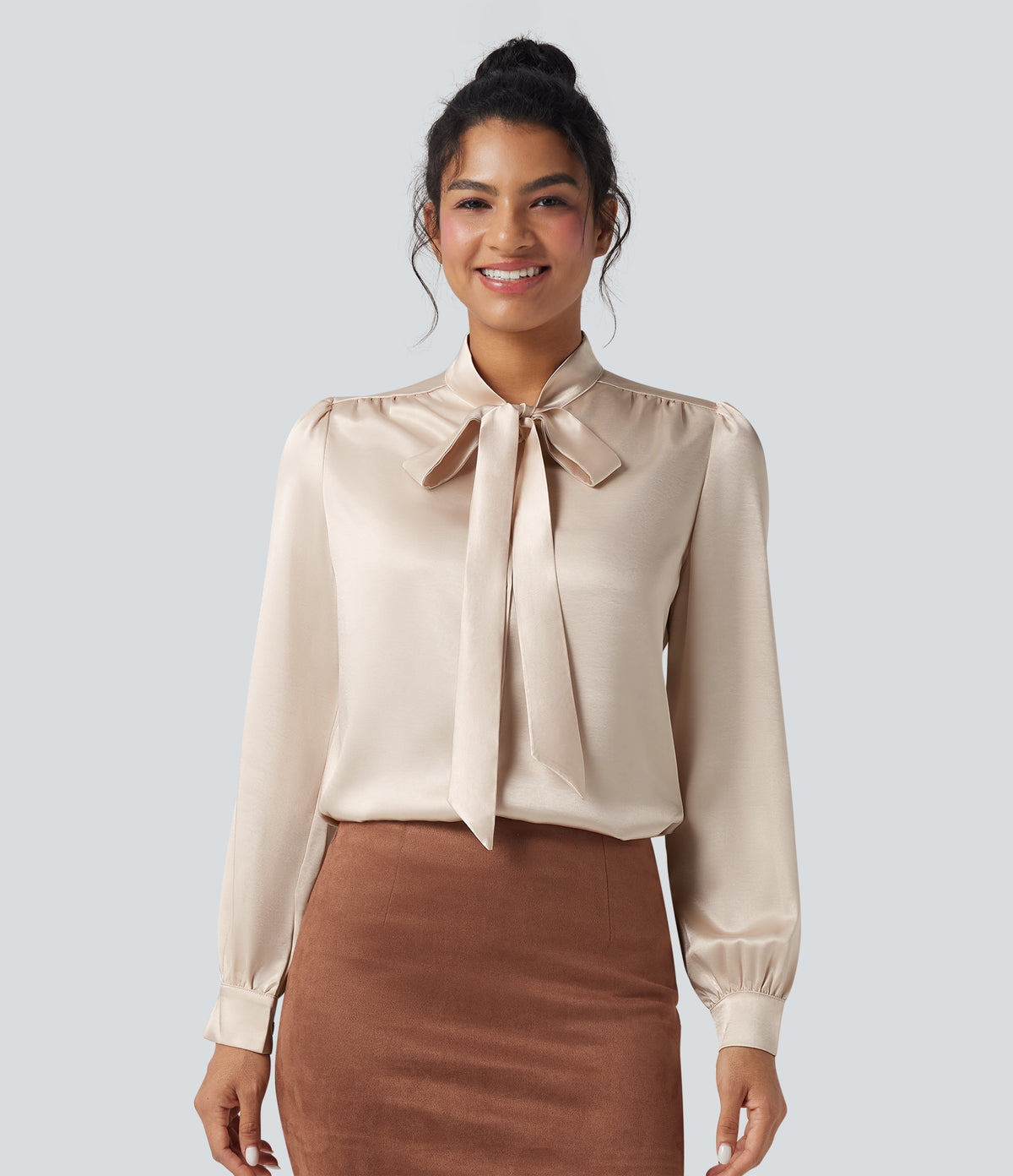 Tie Front Long Sleeve Satin Work Shirt