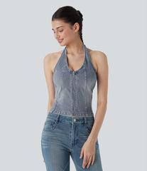 Halara Flex™ Halter Zipper Washed Denim Casual Tank Top